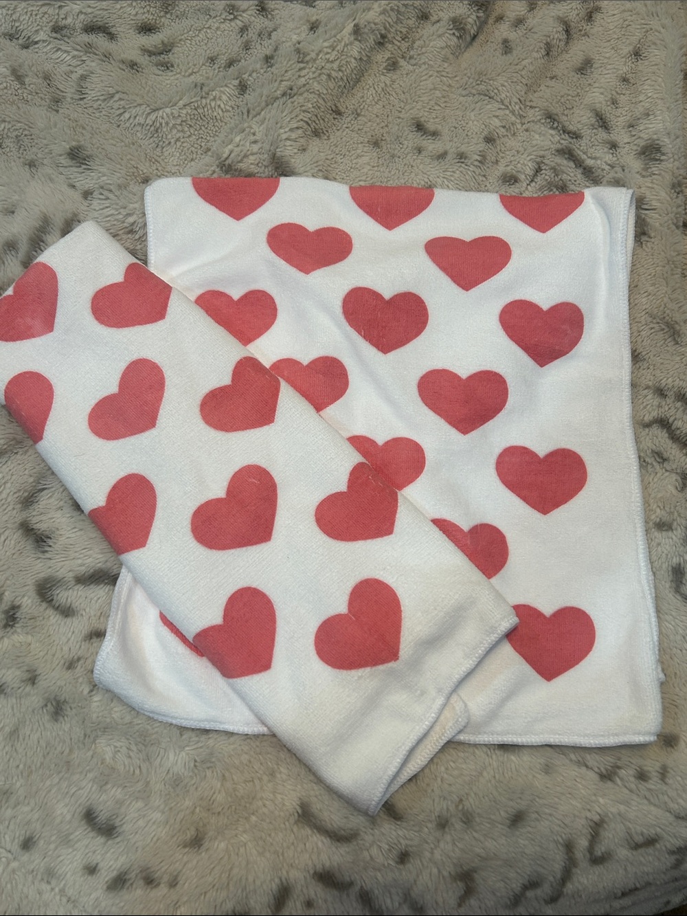 Plush White Hand Towels with Red Heart Print